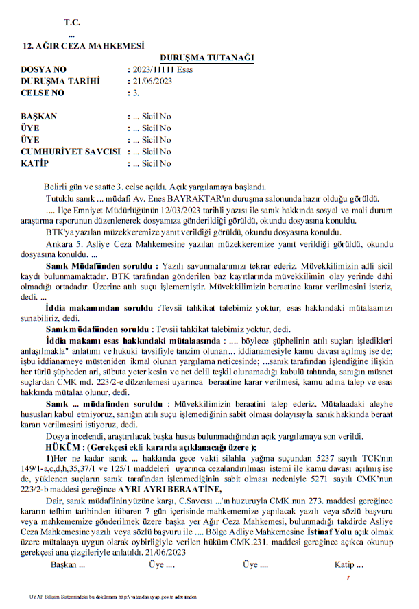 Ağır Ceza Mahkemesi Duruşma Tutanağı Örneği (Temsili)