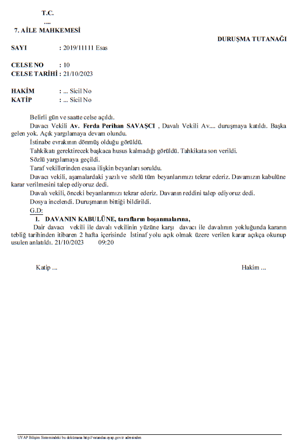 Boşanma Davası Duruşma Tutanağı Örneği (Temsili)