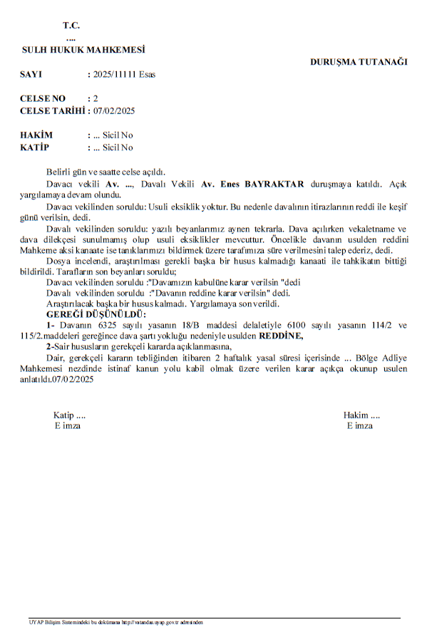 Duruşma Tutanağı Örneği - Hukuk Davası (Temsili)