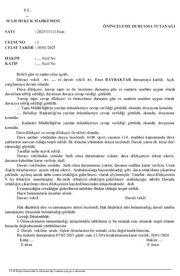 Öninceleme Duruşma Tutanağı - Hukuk Davası (Temsili)
